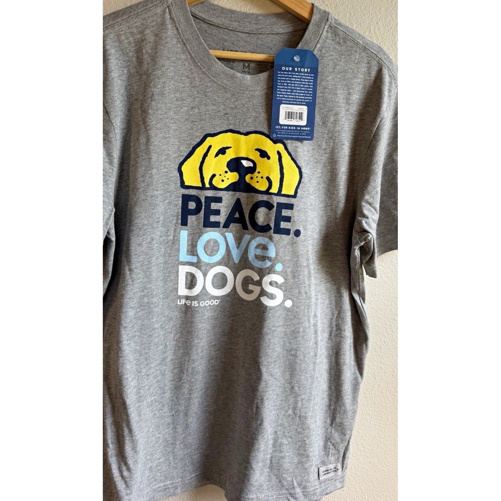 Life is Good Crusher Tee Peace Love Dogs Graphic T-Shirt Gray Crew Neck M